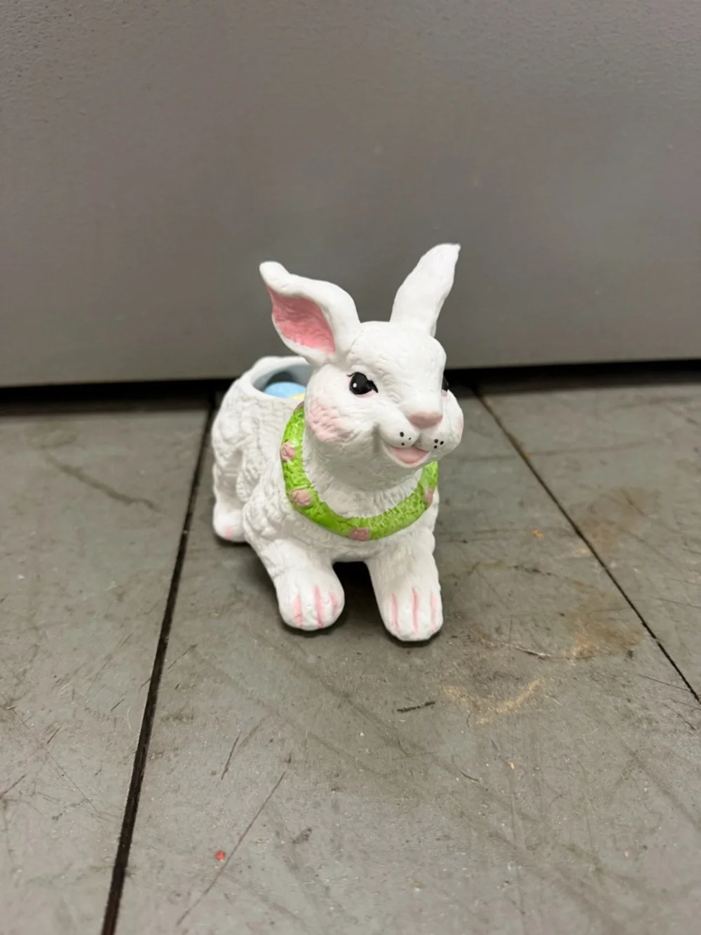 White Bunny Planter with Green Collar - Decorative Small Pet Accessory
